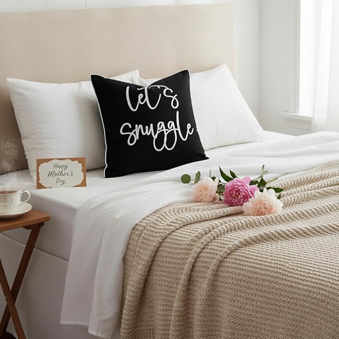Sunkifover Let's Snuggle Decorative Throw Pillow Cover - 18" x 18" Black and White Cotton Embroidery Suqare Throw Pillowcase for Bed, Bedroom, Living Room, Home Decor