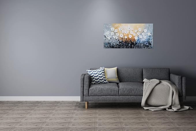 SYGALLERIER White Flower Canvas Wall Art - Hand Painted 3D Oil Paintings - Black Blue Pictures for Living Room Farmhouse Dinning Room Decor