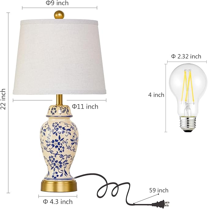 RORIANO Chinoiserie Ceramic Table Lamps Set of 2 for Living Room Bedroom Bedside, Traditional Blue Porcelain Classic Table Lamp for Nightstand Entryway, 2 LED Bulbs Included (Gold)