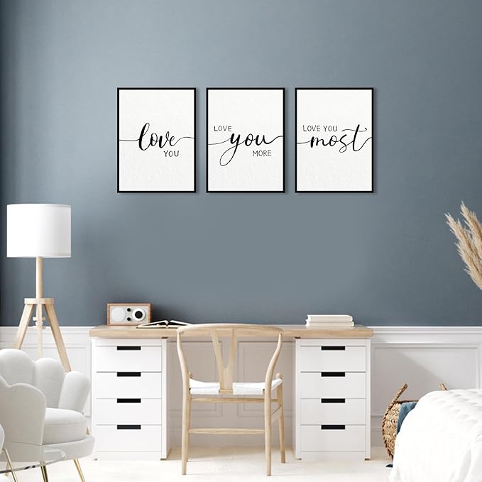 Love You More Wall Decor: 3 Piece Love Quotes Wall Art Over Bed Decor,Love Sign Framed Modern Master Bedroom Wall Decor for Couples,Romantic Minimalist Bedroom Pictures Living Room Decor 12"x16"