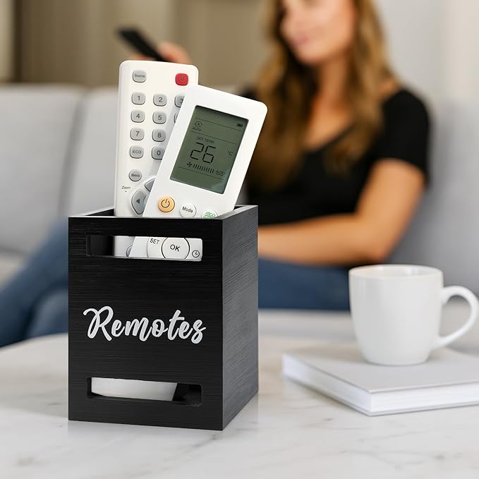 Small Remote Control Holder Wall Mount Wooden Remote Caddy Organizer for Bed Table TV Controller Box Storage Bedside Table Organizers Remotes Control Wall Holders Nightstand Accessories Black Caddy
