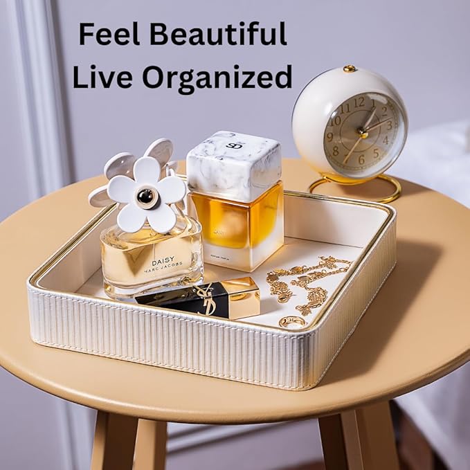ZHEM Small Night Stand Organizer Nightstand Tray Bedside Table Organizer Women| Dresser Trays for Bedroom Leather Valet Trinket Tray Catch All| Purse Bowl| Valet Tray for Women (White)