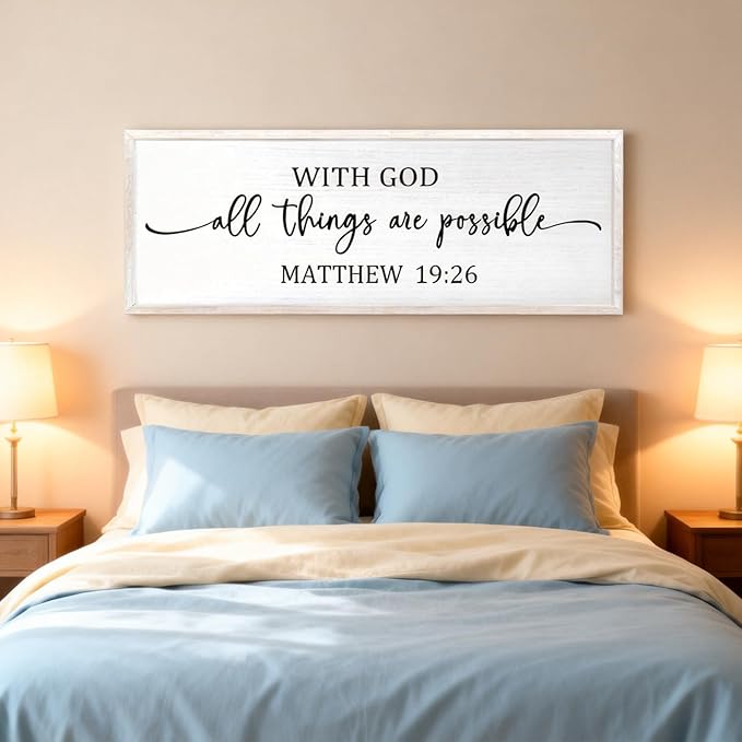 With God All Things are Possible Framed Wall Art, 40''×15'' Vintage Holy Religious Rustic Bible Verse for Christian God Jesus Christ Prayer, Positive Horizontal Inspirational Catholic Scripture Decor