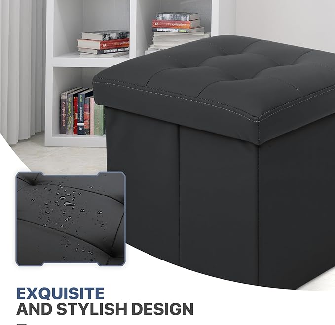 MoNiBloom Folding Storage Ottoman Cube, 15 Inches Small Ottoman with Storage, Footstool Rest Padded Seat for Living Room, Bedroom, Entryway, Hallway, Black
