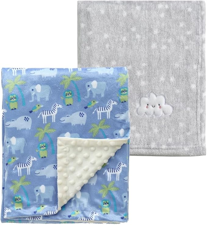 CREVENT 2Pcs 30''X40'' Cute Cozy Fluffy Warm Baby Blankets for Infants Toddlers' Bedding Crib Cot Stroller - Grey Cloud + Minky Zoo