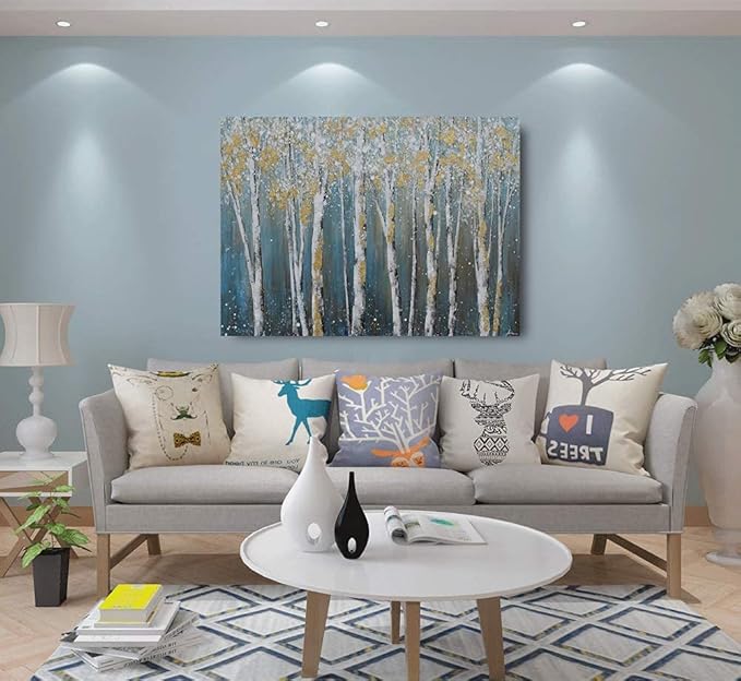 Yihui Arts Birch Tree Canvas Wall Art Hand Painted Teal and White Color Painting with Gold Foil Modern Forest Pictures for Living Room Bedroom Office Decoration