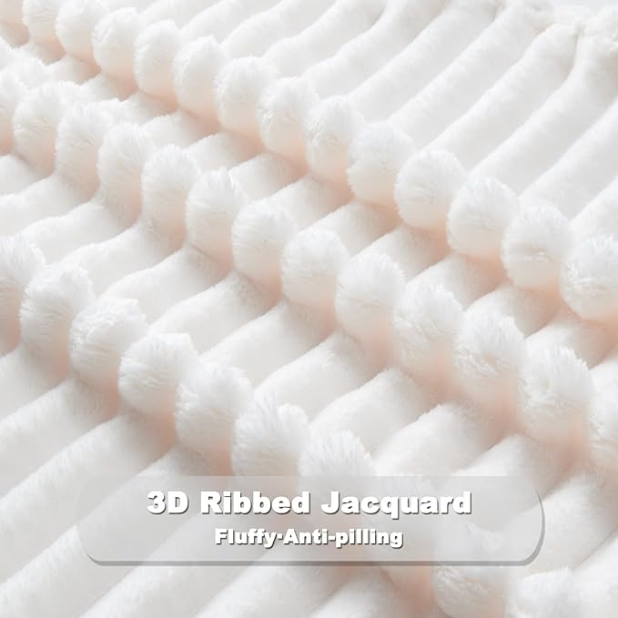 NEWCOSPLAY Super Soft Twin Blanket Ivory Premium Silky Flannel Fleece 3D Ribbed Jacquard Lightweight Bed Blanket All Season Use (Ivory Ribbed, Twin(60"x80"))
