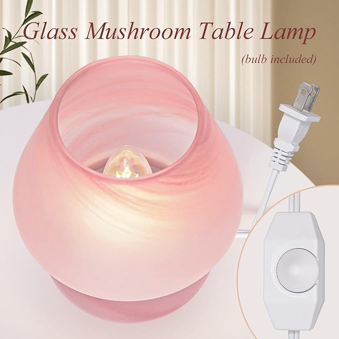 ONEWISH Mushroom Lamp Cute Table Lamp for Bedroom Nightstand Soft Light Pink, Small Glass Nightlight Stepless Dimmable Desk Lamp for Dining, Living, Nursery, Vanity, Home Decor Lamp for Girls Women