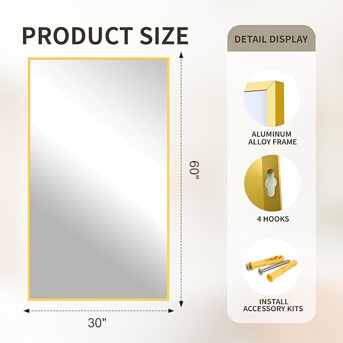FICTOR Bathroom Vanity Mirror-Gold,60x30 Inch, Shatterproof & Anti-Rust, Wall Mount Large Rectangle Mirrors with Metal Frame for Over Sink, Bathroom, Bedroom, Living Room,Entryway