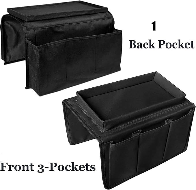 Sofa Armrest Organizer with Cup Holder Tray 6 Pockets TV Remote Control Organizer Sofa Couch Armchair Caddy Organizer Tidy Pocket Hanging Storage Bag Holder for Cellphone Magazine Drinks Snacks Black