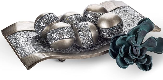 Creative Scents Schonwerk Silver Decorative Centerpiece Bowl with 6 Matching Orbs- Coffee Table Decor with Resin Sphere Balls for Living Room Dining Room Table - Decorations for Home Decor