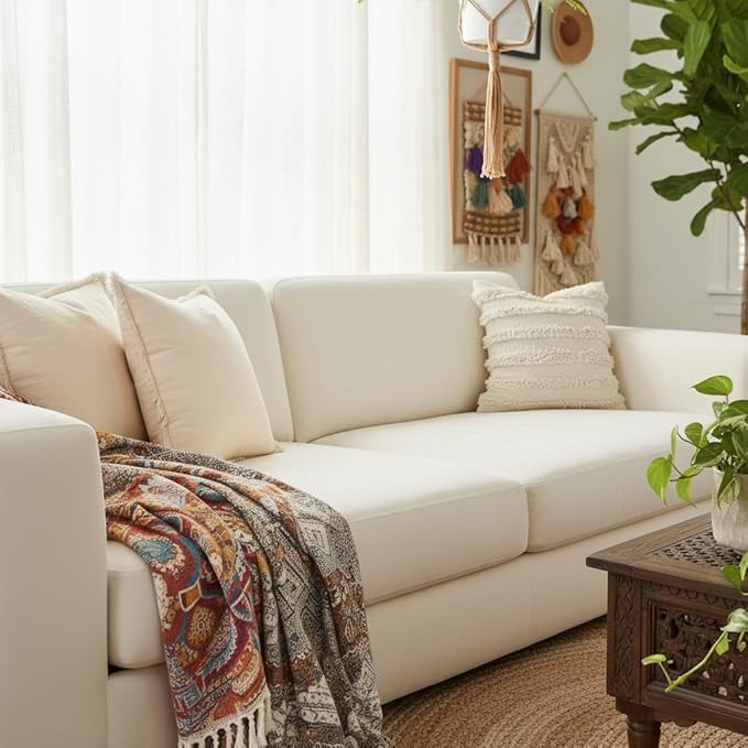 Sunday Praise Set of 2 Linen Fringe Decorative Pillow Covers 18x18 Inch Farmhouse Accent Boho Throw Pillow Cases with Tassels Cozy Soft Square Cushion Covers for Couch Sofa Bed Home Decor,Beige