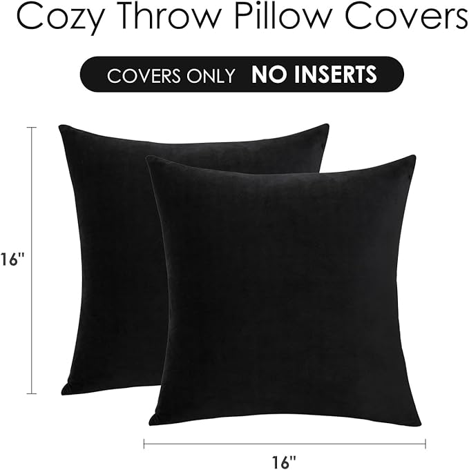 Throw Pillow Covers Decorative Velvet Set of 2 16x16 Inch Pillow Covers, Soft Black Pillowcases for Couch Sofa Bed Living Room, Farmhouse Home Boho Decor, Square Accent Cushion Covers