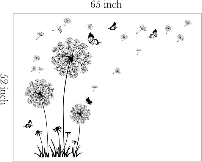 Runtoo Black Dandelion Wall Art Stickers - Large Flower Butterfly Wall Decals for Bedroom & Living Room