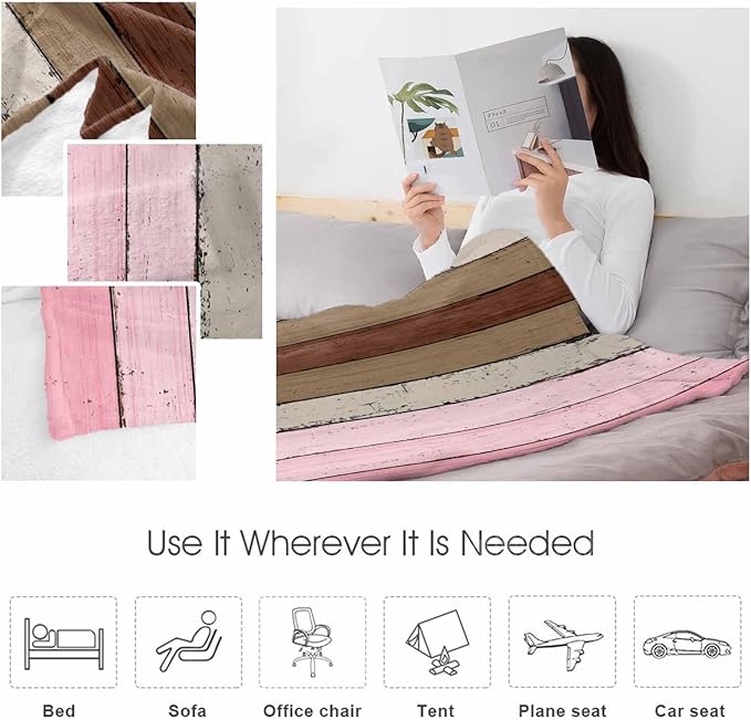 Farmhouse Pink Brown Throw Blanket, Soft Fluffy Fuzzy Blankets & Throws for Bed/Couch, Vintage Country Wooden Lightweight Warm Blankets for Women Christmas Decor 50"x60"