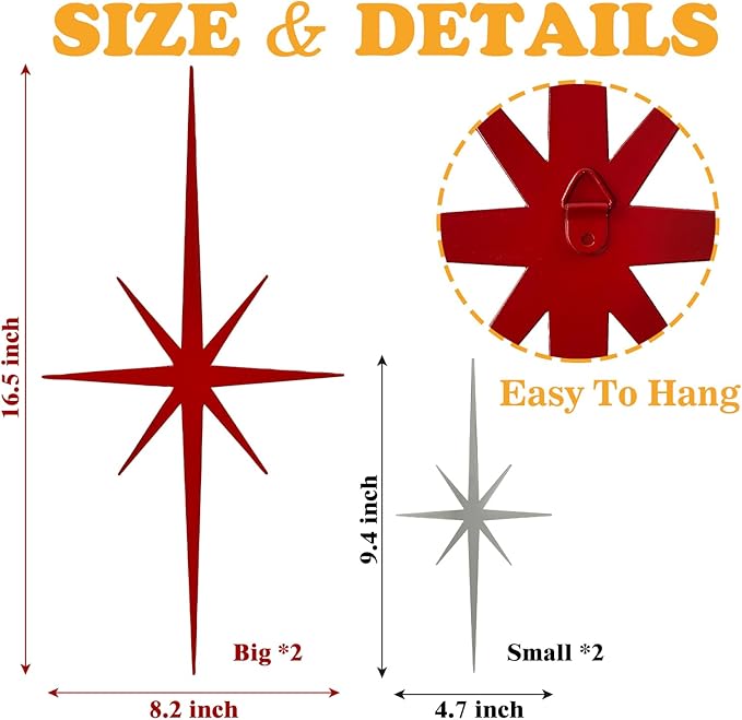 sxnzequnze 4 Pack Metal Star Wall Art 8 Pointed Starburst Wall Decor Set with 2 Large & 2 Small Pieces Mid Century Celestial Metal Wall Sculpture for Bedroom Living Room Office Gallery Wall