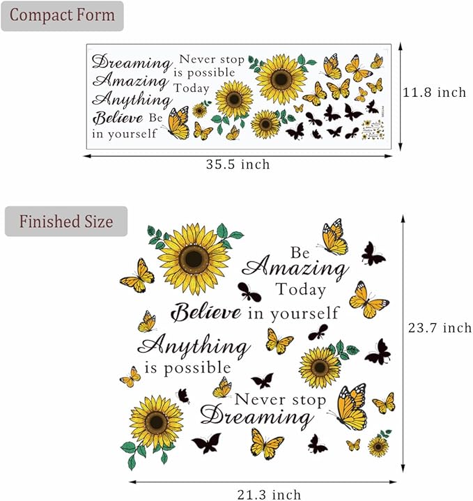 Inspirational Quote Sunflower Wall Stickers - Removable Positive Saying Peel and Stick for Classroom, Home, Bedroom, Office Wall Art Decor