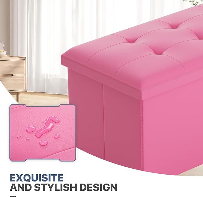 MoNiBloom 30 Inch Storage Ottoman Bench, 24 Gal. Folding Ottoman Footrest, End of Bed Bench, Rectangle Foot Stool, Supports 600 lbs, for Bedroom, Living Room, Entryway, Hallway, Hot Pink