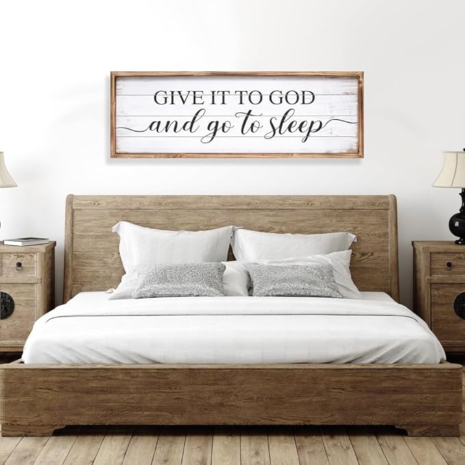 Give It to God and Go to Sleep Sign 42''×15'' Large Above Bed Wall Decor Farmhouse Bedroom Decor Wood Guest Room Decor Framed Wall Art Rustic Master Bedroom Wall Decoration