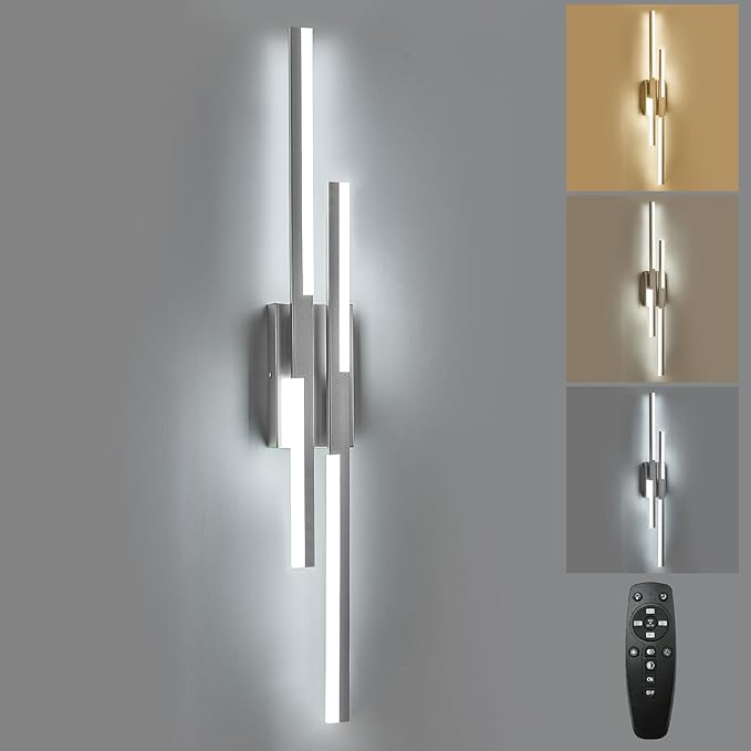 Modern LED Wall Sconce Silver Remote Wall Light Fixtures for Bathroom, Dimmable Vanity Light Indoor LED Remote Wall Sconce for Living Dining Room Bedside Bedroom(3000-6500K 35.4inch)