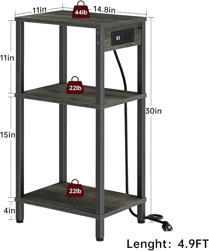 Tall Nighstand with Charging Station, 3 Tier Small End Table with Storage, Skinny Side Table with USB Ports and Outlets for Bedroom, Living Room, Office, Carbon Gray