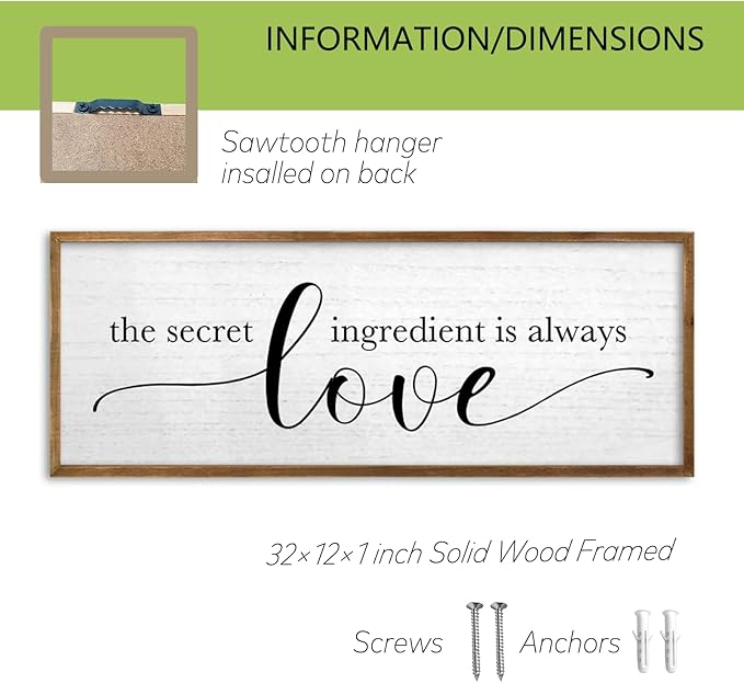 TQianJiang Kitchen Wall Decor The Secret Ingredient Is Always Love Sign 32"×12" Heartwarming Quote for Dining Room Mother's Day Large Farmhouse Rustic Wood Framed Wall Plaque Hanging Art (Wood)