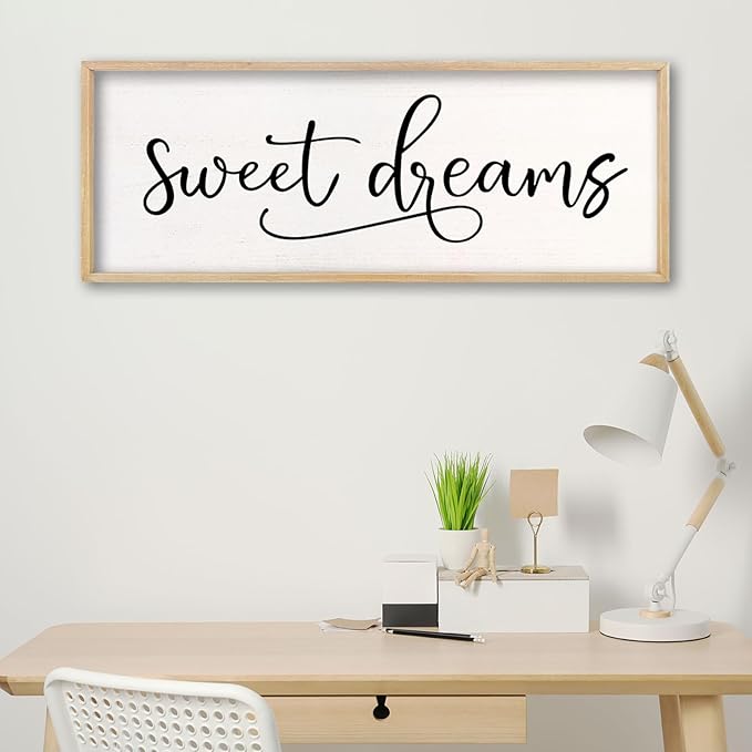 comurdyo Sweet Dreams Wall Decor Above Bed Sign 40" x 15" Master Bedroom Wooden Antique Framed Large Rustic Farmhouse Guest Room Beautiful Simple Hanging Plaque Over Bed Wall Art (Wood)