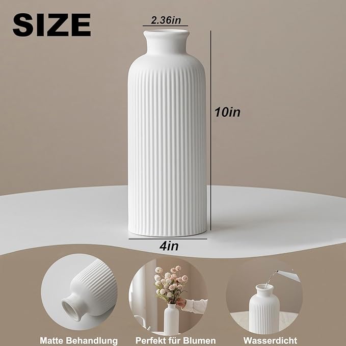 Natural White Ribbed Ceramic Vase for Flowers, Modern Textured Decorative Vase, 10 Inch Tall, 3.94 Inch Width, Farmhouse Style Home Decor (Bisque White)