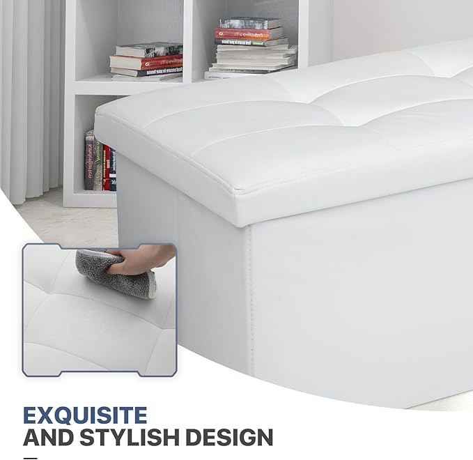 MoNiBloom 30 Inch Storage Ottoman Bench, 24 Gal. Folding Ottoman Footrest, End of Bed Bench, Rectangle Foot Stool, Supports 600 lbs, for Bedroom, Living Room, Entryway, Hallway, White
