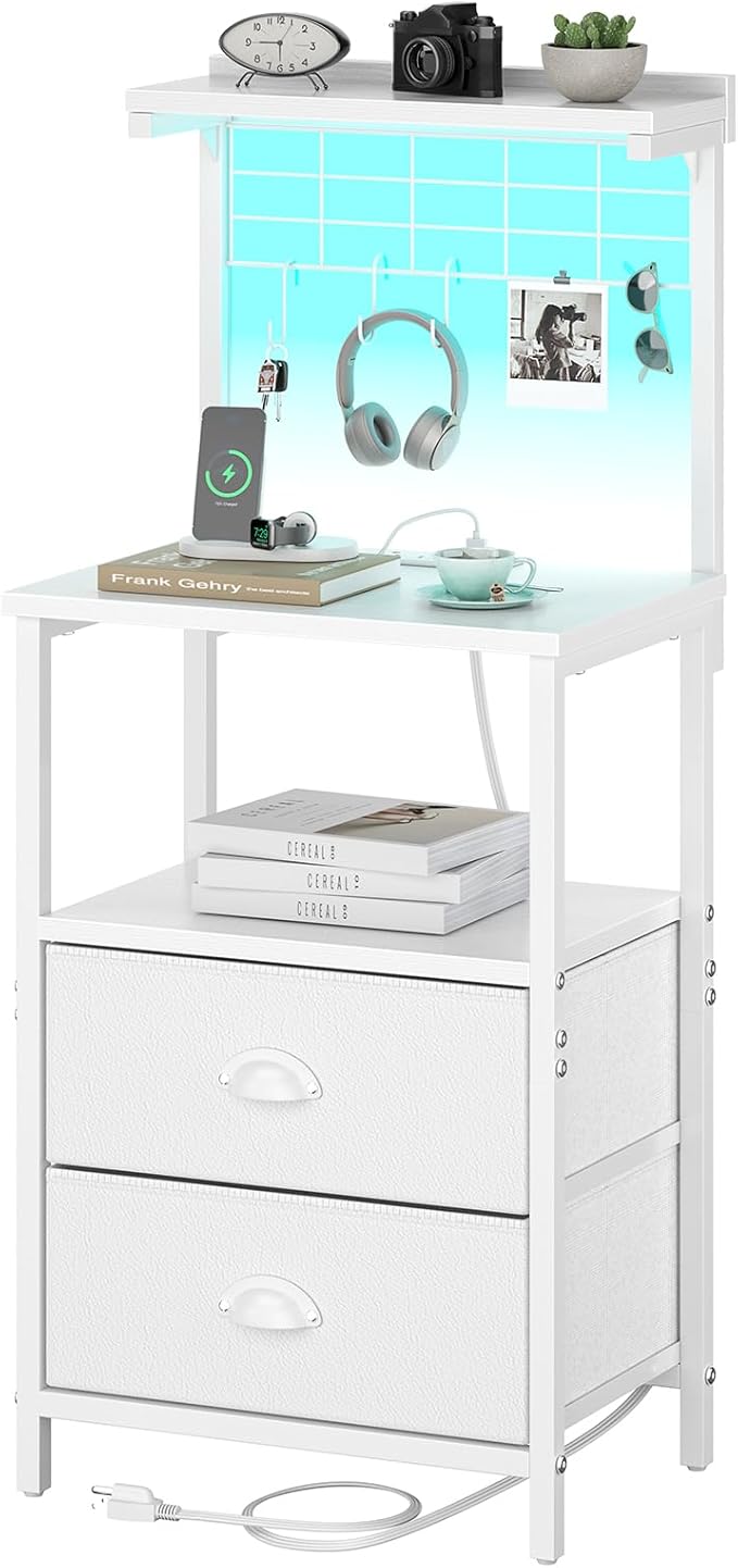 Tall Nightstands with Charging Station, LED Night Stand Bedsides with 2 PU Finish Fabric Drawers,Hooks,USB Port and Oepn Storage Shelves,Tall End Table Bedside for Bedroom,Office, White