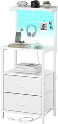 Tall Nightstands with Charging Station, LED Night Stand Bedsides with 2 PU Finish Fabric Drawers,Hooks,USB Port and Oepn Storage Shelves,Tall End Table Bedside for Bedroom,Office, White