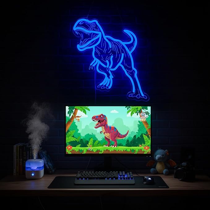 Dinosaur Neon Sign for Wall Decor, USB Dimmable Blue LED Night Light for Boys Bedroom, Jurassic Party Decorations, Birthday, Halloween and Christmas Gift, 15.5 x 13 inch