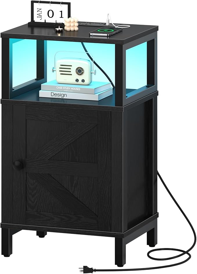 Yoobure Farmhouse NightStand with Charging Station，Wood Night Stand End with USB Ports, LED Bed Side Table with Storage Cabinet，Bedside Table for Bedroom, Living Room Black