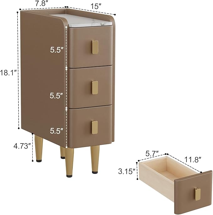 AQIMUELE Narrow Nightstand with Drawers, Narrow Side Table Leather, Small Bedside Tables for Bedroom. (Beige)