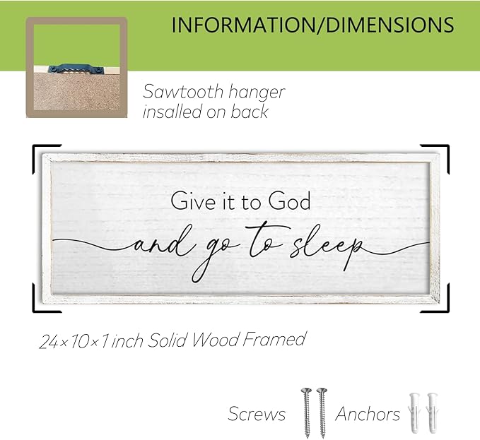 TQianJiang Give It To God And Go To Sleep Wall Decor Sign 24"X10" for Master Bedroom Above Bed Large Wood Framed Wall Art Hanging (White)