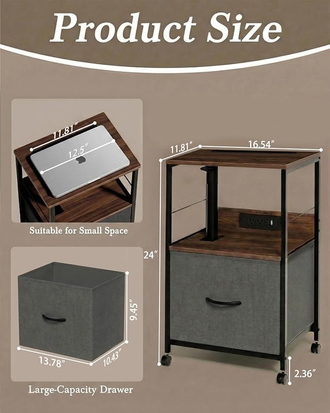 360° Swivel Nightstand with Height Adjustable, Lift Top Bedside Table with Charging Station, Rolling Night Stand with Fabric Drawer, End Table with Wheels, for Bedroom, Living Room, Walnut Gray