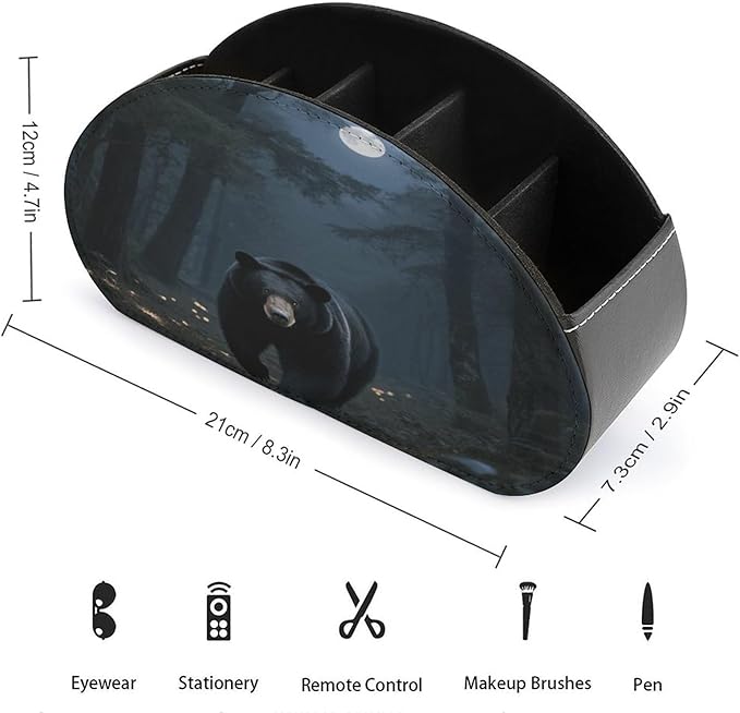 Black Bear Night Trees Remote Control Holder Organizer Box with 5 Compartment PU Leather Bedside Storage Caddy Remote Organizer for Controller Media Player Pen/Pencil Storage