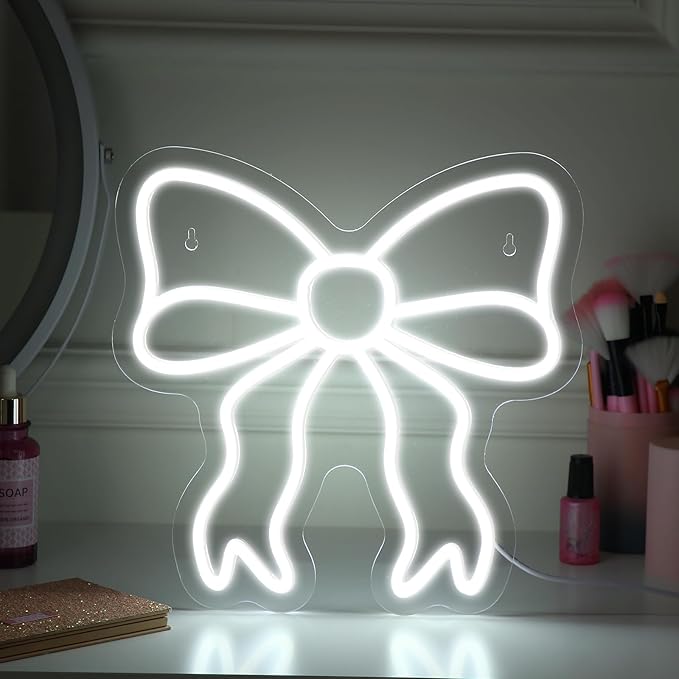 Retisee Bow LED Neon Sign Bedroom Women Room Neon Light Sign Coquette Aesthetic Home Wall Preppy Dorm Beauty Room Salon Decor Party Bar Decoration Gift for Her 11.8x11.8in (White)