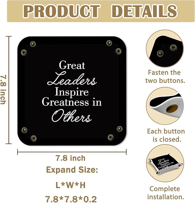 Leader Gifts Valet Jewelry Tray for Women Men, Appreciation Gifts for Leader Boss Mentor PU Leather Catchall Beside Caddy Nightstand Organizer Tray for Jewelry Rings Watches, 7.87x7.87in