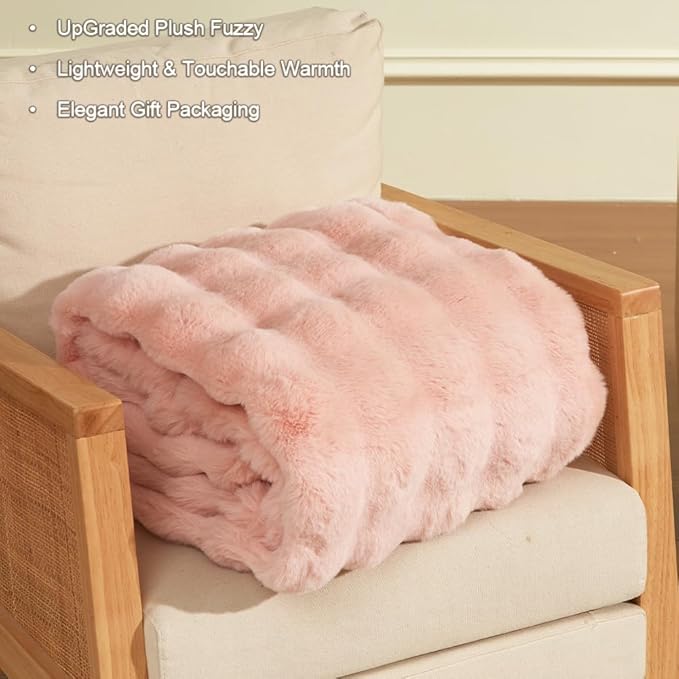 Soft Faux Rabbit Fur Throw Blanket Luxury Super Comfy Double Sided Ultra Cozy Thick Warm Fluffy Blanket for Couch Chair Sofa Bed Living Room Camping, Plush Fuzzy Bubble Blanket, 970 GSM, 50''x60''