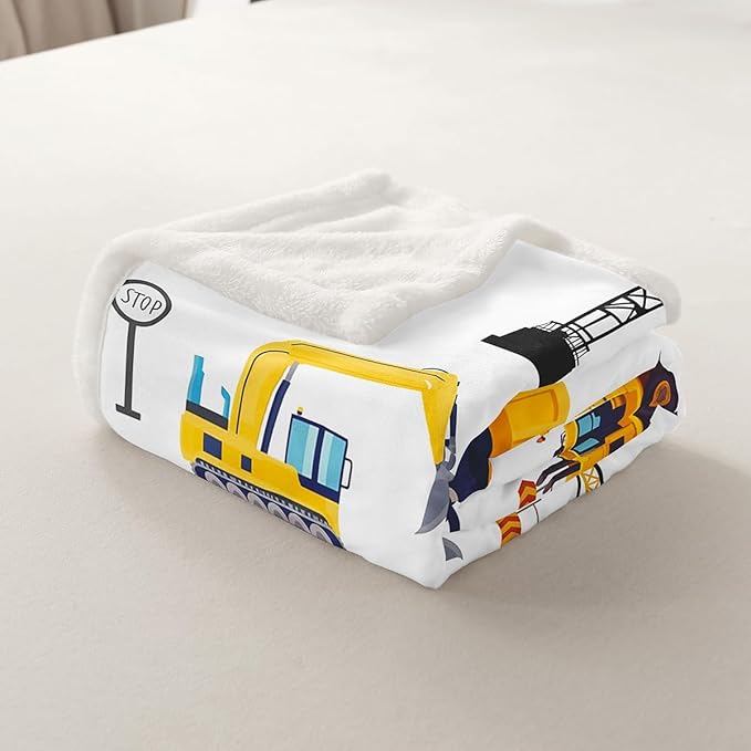 Erosebridal Construction Fleece Throw Blanket for Kids Boys Excavator Truck Blanket Throw Queen 90"X90" Cartoon Car Toddler Bed Blanket Soft Warm,Tractor Vehicle Sherpa Flannel Blanket Yellow Blue