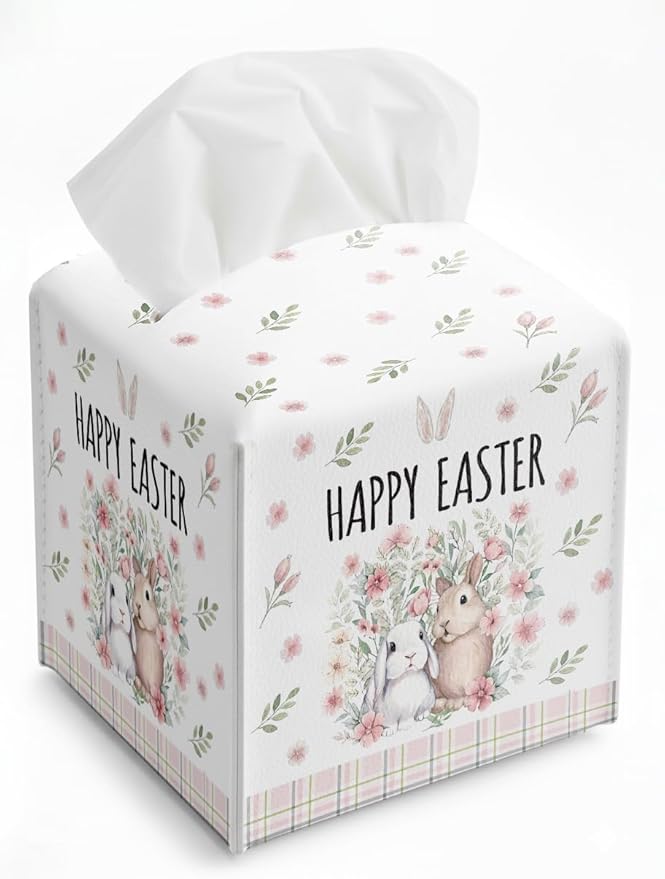 Easter Day Napkin Tissue Box Cover, Pink Bunny Rabbit Ears Floral Leaves Waterproof Leather Paper Organizer Dispenser for Table Dining, Bathroom, Nightstand Vanity, Car, Housewarming Gift Ideas, L