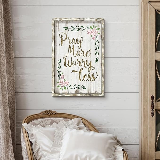 Bible Verses Decor Wall Art: Wooden Christian Quotes Framed Picture Farmhouse Religious Scripture Inspirational Artwork Pray More Worry Less Sayings Print for Home Bedroom Office