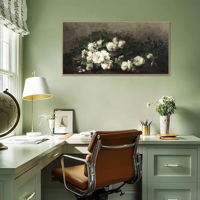 DJSYLIFE Framed Vintage Flower Canvas Wall Art, White Rose Still Life Painting Prints for Bedroom Decor, Classical Floral Pictures for Living Room Home Decorations, Ready to Hang 20"x40"