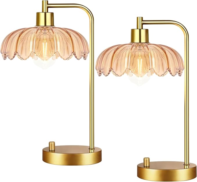 Glass Table Lamp Set of 2,Small Gold Bedside Lamps Dimmable Boho Bedroom Lamp with Tulip Flower Amber Lamp Shade,Vintage Mid Century Modern Mini Nightstand Lamp for Bedroom Living Room