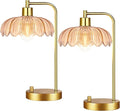 Glass Table Lamp Set of 2,Small Gold Bedside Lamps Dimmable Boho Bedroom Lamp with Tulip Flower Amber Lamp Shade,Vintage Mid Century Modern Mini Nightstand Lamp for Bedroom Living Room