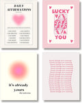 Hwetui Framed Preppy Pink Aura Wall Art Daily Affirmations posters Trendy Y2K Canvas Prints Cute Lucky You Painting Retro Aesthetic Room Decor Picture for College Dorm Bedroom 12x16Inch Set of 4