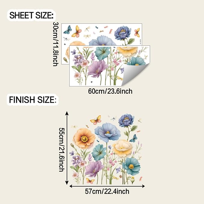 TUOKING Flowers Wall Stickers Decor,Removable Wall Murals Peel and Stick Modern Wall Art Decal Home Decor for Kitchen,Bedroom,Living Room