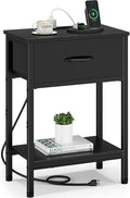 Vagusicc Black Nightstand with Charging Station, End Table with Fabric Drawer, Small Side Table with 2-Tier Storage Shelves, 25.4" Tall Bedside Table, Black Night Stand for Bedroom, Living Room, Dorm