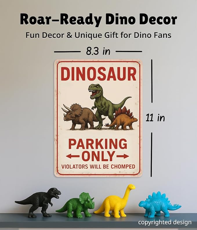 Dinosaur Parking Only Metal Sign – Dinosaur Room Decor for Boys, Dino Wall Bedroom Decor for Boys – 11×8.3″ Aluminum Dino Decorection for Toddler Boy Room, Birthday Party, Nursery, Playroom & Classroom Opix Design